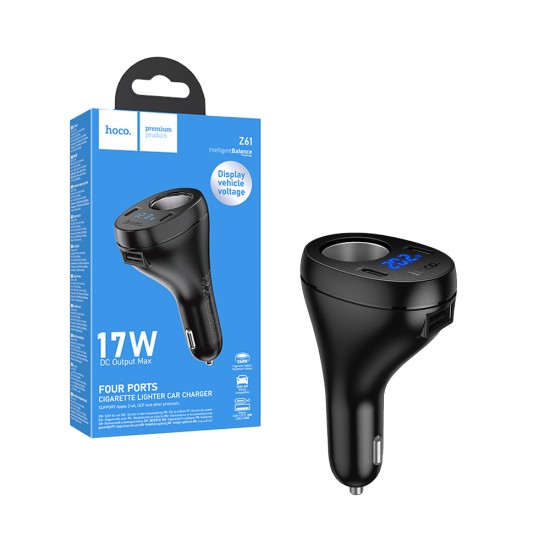 Hoco Car Charger Z61 Correct 2 Type-C+USB 17W with Cigarette Lighter Black